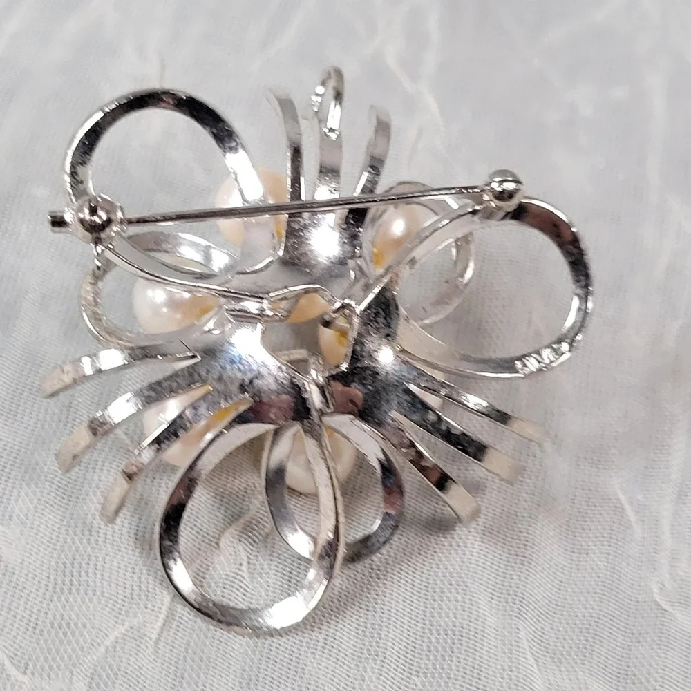 Vintage Sterling Silver Cultured Pearl Ribbon Spray Brooch Pin 11.73g